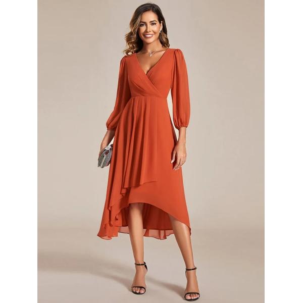 Elegant Empire Long Sleeve V-neck High Low A-line Ruffled Midi Burnt Orange Chiffon Wedding Guest Cocktail Dress