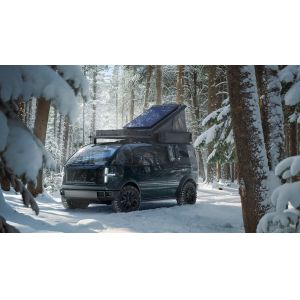 A purpose-built trcuk Canoo pickup w 8 ft bed with ample storage interior