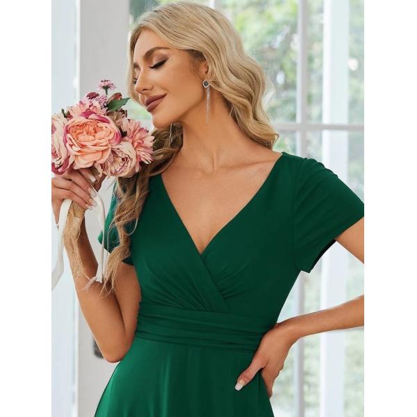 Sexy Custom Size V-neck Simple Pleated Empire Waist A-line Short Sleeve Dark Green Satin Homecoming Dress