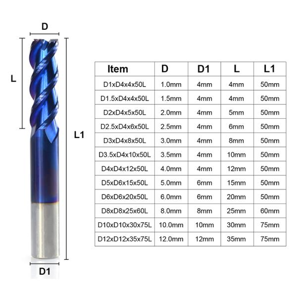 1 - 12mm Blue Coated Carbide End Mill 3 Flute Aluminum Cutting Milling Cutter Spiral Router Bit CNC End Mill