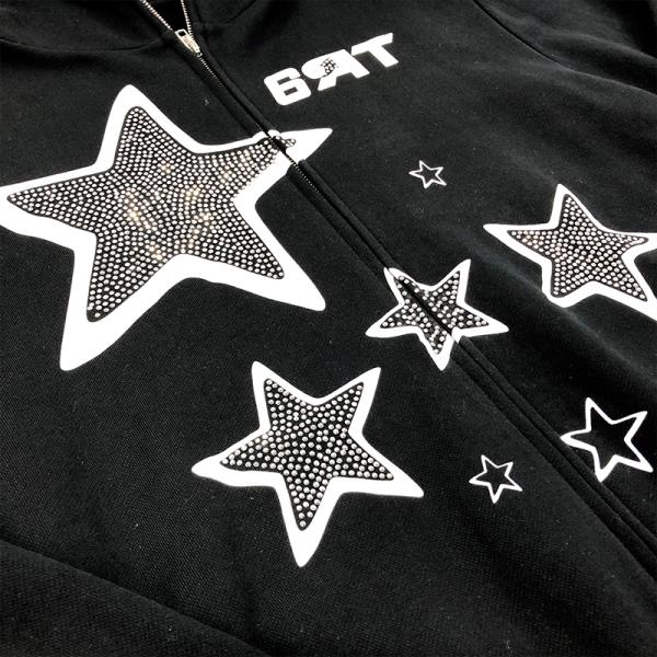 Customized Logo Embroidery Full Zip Up Rhinestone Hoodie Oversized Heavyweight For Men