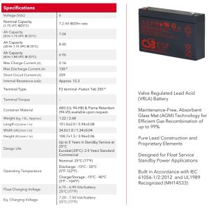 CSB Battery GP672 6V 7.2Ah Rechargeable Maintenance-Free 7.2Ah Lead Acid Battery