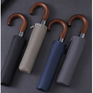 8 Ribs Fiberglass Automatic 3 Fold Umbrella With Wood Handle