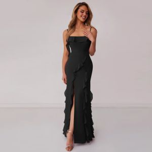 Excellent Plus Size Black Chiffon Bridesmaid Dress Sheath Spaghetti Straps