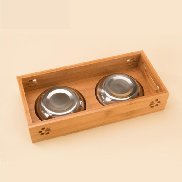 Eco Friendly Bamboo Raised Dog Bowl Feeder Rectangle For Cats