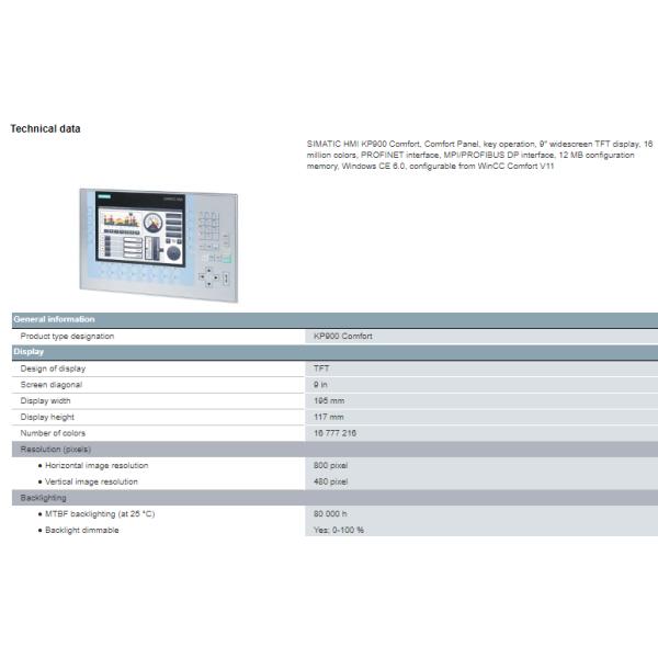 6AV2124-1JC01-0AX0 SIMATIC HMI KP900 Comfort Panel Key Operation 9" Widescreen TFT Display