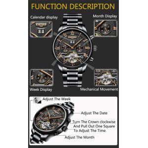 Fashion Stainless Steel Tourbillon Movement Mens Watch Waterproof KINYUED