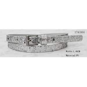 Old Silver Buckle Kids Elastic Belt , 1.4cm Skinny Glittery PU Girls Elastic Belt