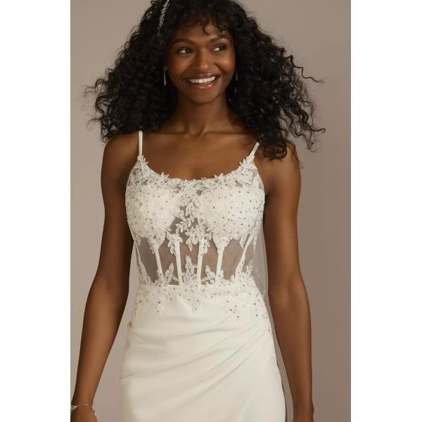 Sexy Illusion Corset Boat Neckline Spaghetti Strap Sheath Alluring Lace Zipper High Split Slit White Satin Wedding Dress