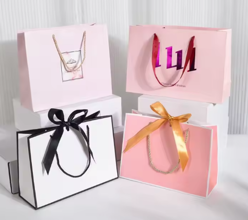 Custom Printed White Paper Gift Bags with Ribbon Handles