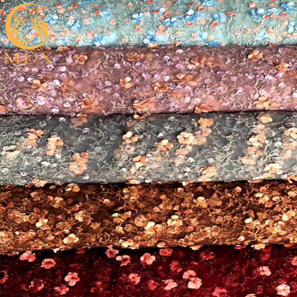 Delicate Sequined Lace Fabric Multicolor Mesh Beaded Floral Embroidery Lace