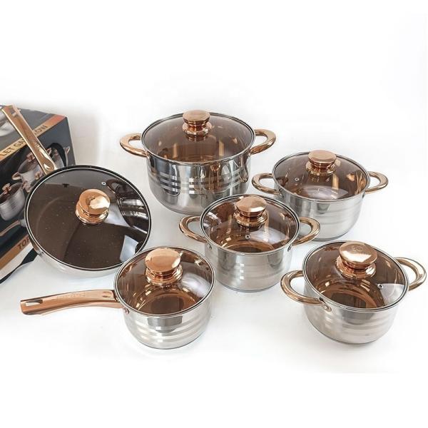 Buy Home Cooking 12pcs Cookware Set Golden Handle Kitchen Pots Stainless Steel Cookware Pan Set Cooking Pot Set at wholesale prices