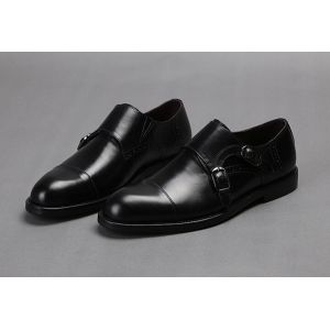 Black Mens Monk Strap Shoes , Goodyear Leather Shoes With Buckle