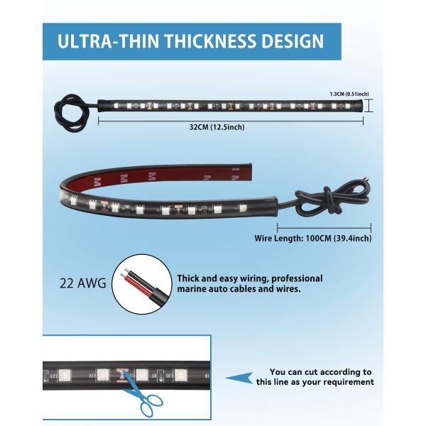 32cm Waterproof LED Light Strip for Cars Motorcycles Golf Carts Long Working Time