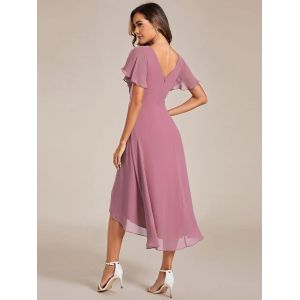 Chic V-neck High-low Short Flutter Sleeves A-line Ruffles Midi Invisible Zipper