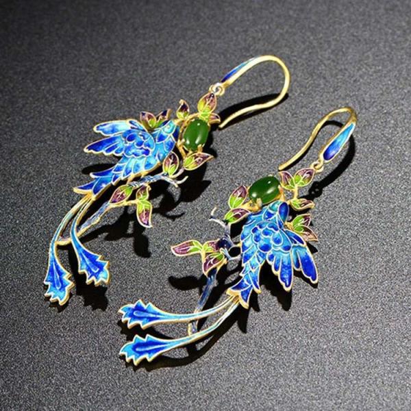 Gold Plated Stering Silver Drop Earrings with Cloisonne Enamel Phoenix Style Fashion Jewelry(E6050601BLUE)