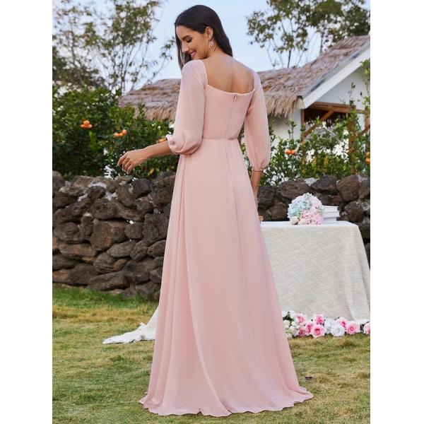 Plus Size Ruffled Long Sleeve High Slit Off-shoulder High Slit Pink Chiffon Bridesmaid Dresses