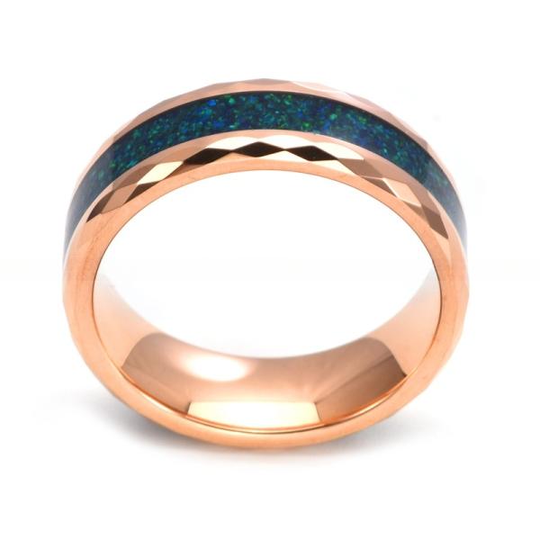 8mm Mens Blue Opal Wedding Band Rose Gold Faceted Tungsten Crushed Colorful Opal Inlay Luxury Engagement Promise Ring
