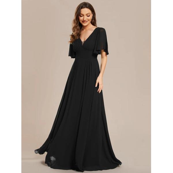 Simple V-neck Zipper Short Sleeves Empire Waist A-line Maxi Ruffled Black Chiffon Evening Dress