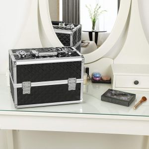 Black Makeup Vanity Case Cosmetic Box With Adjustable Dividers 4 Trays And 2