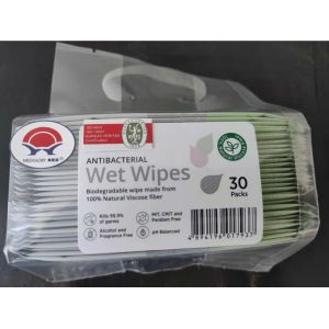 Biodegradable 30 Packs Antibacterial Wet Wipes 100% Natural Viscose Fiber