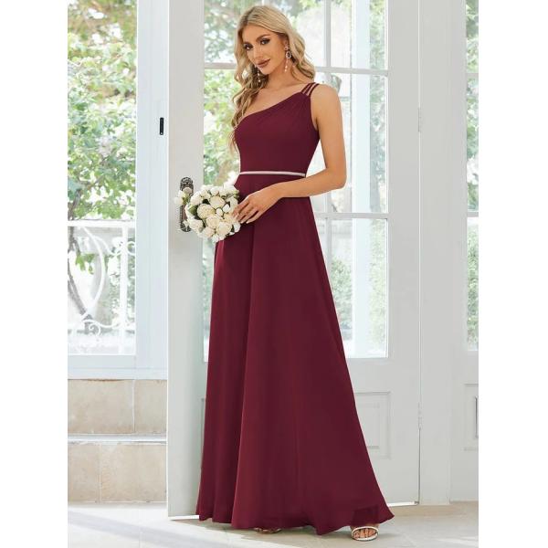 Asymmetry Custom Size Spaghetti Strap One-shoulder A-line Burgundy Flowy Chiffon Evening Dress