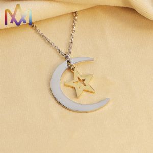Engravable SS Moon And Star Pendant Necklace For Women