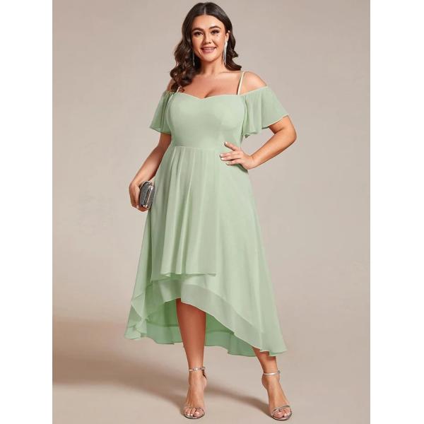 Empire Off-shoulder Spaghetti Strap Zipper High-low Wedding Guest Dresses Short Sleeves Mint Green Chiffon Graduation Dr