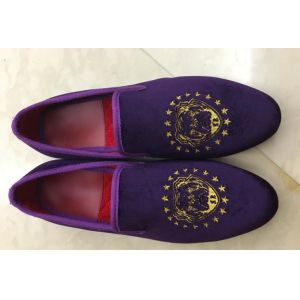 Purple Mens Velvet Slip On Loafers , Mens Velvet Slippers Embroidered for Party