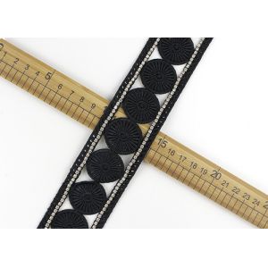 Custom Ribbon Black Embroidered Lace Trim With Rhinestone / Embroidered Bridal