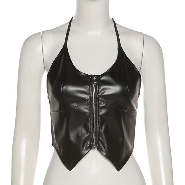 Ladies Lace Up Halter Neck Zipper Black Leather Tank Top
