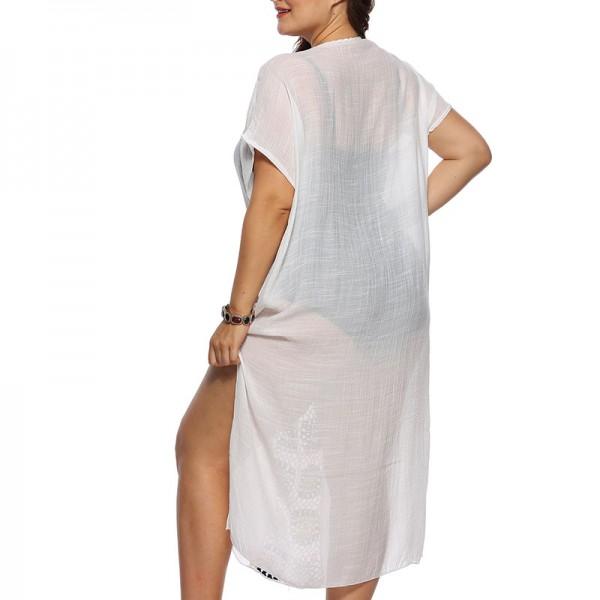 Women white see-through beach kimono style maxi dress with flower print