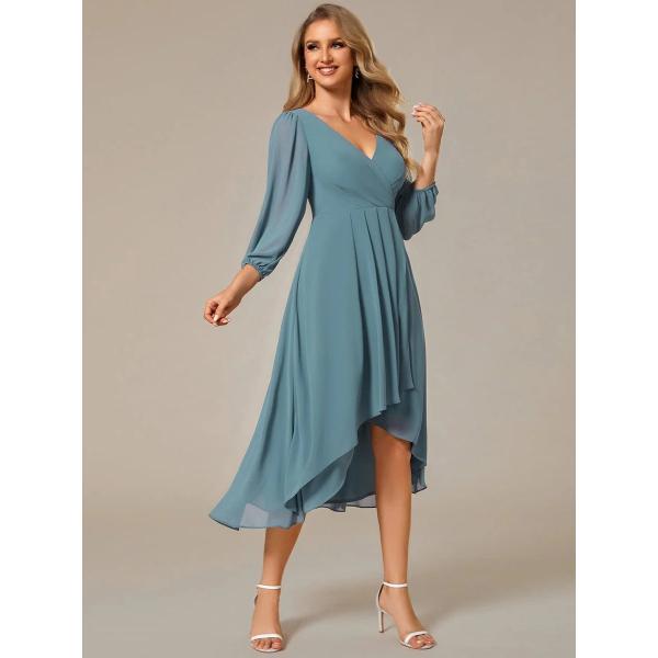 Elegant Empire Long Sleeve V-neck High Low A-line Ruffled Midi Dusty Chiffon Wedding Guest Blue Graduation Dress