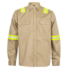 China Khaki Reflective FR Welding Shirt 100% Cotton CAT2 ATPV on sale