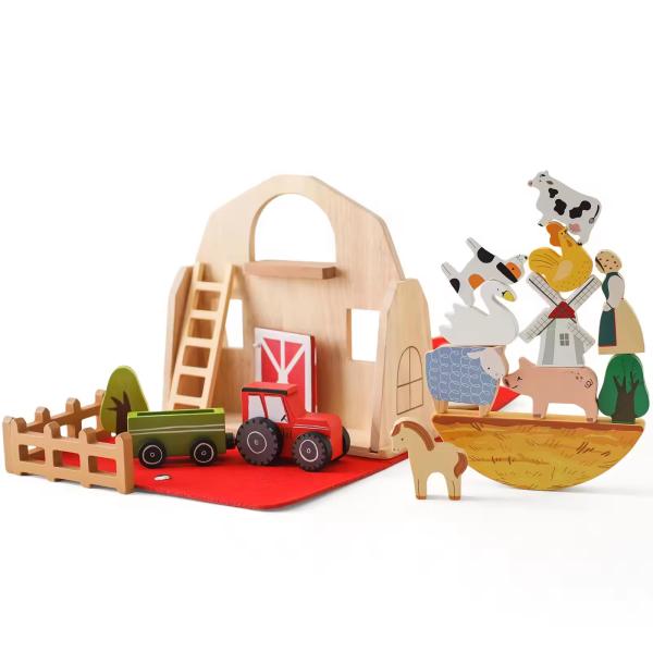 Classic Barn Play Set - Wooden Farm Toys For Toddlers - Farm Animals - Farmer's Barn With Carry Handle