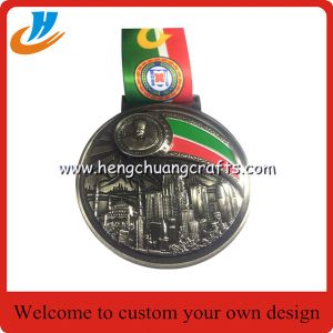 Half Marathon run medal with color filled, carved metal medallions with