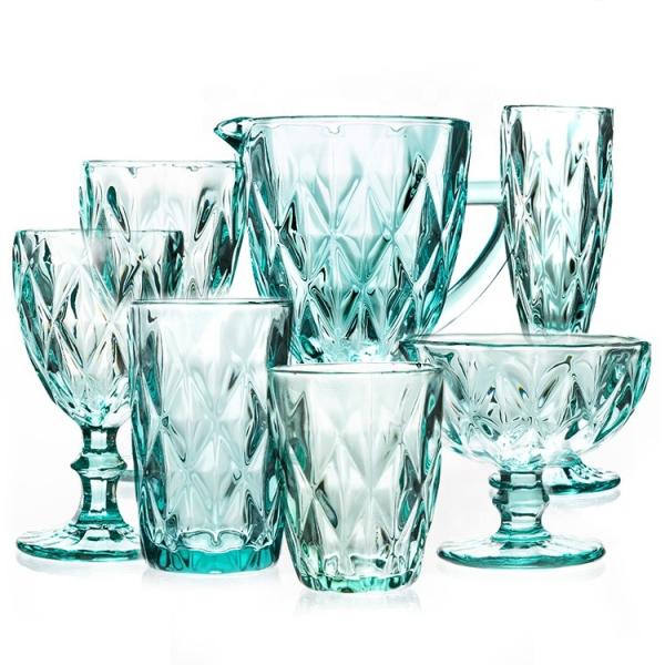 Buy Hand Blown Diamond Cut Crystal Wine Glasses , 200ml Glass Cup Sky Blue Colored at wholesale prices