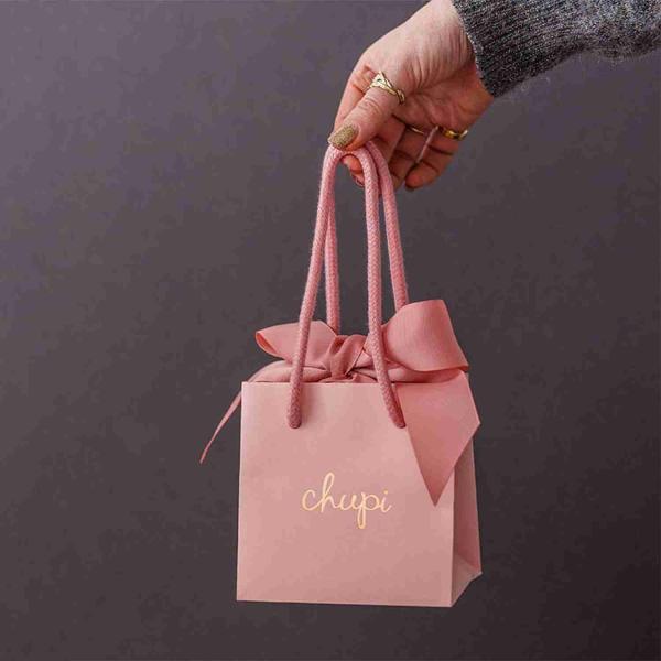 8x4x10 Small Favor Pink Wedding Printed Paper Gift Bags Bulk With Ribbon Handle