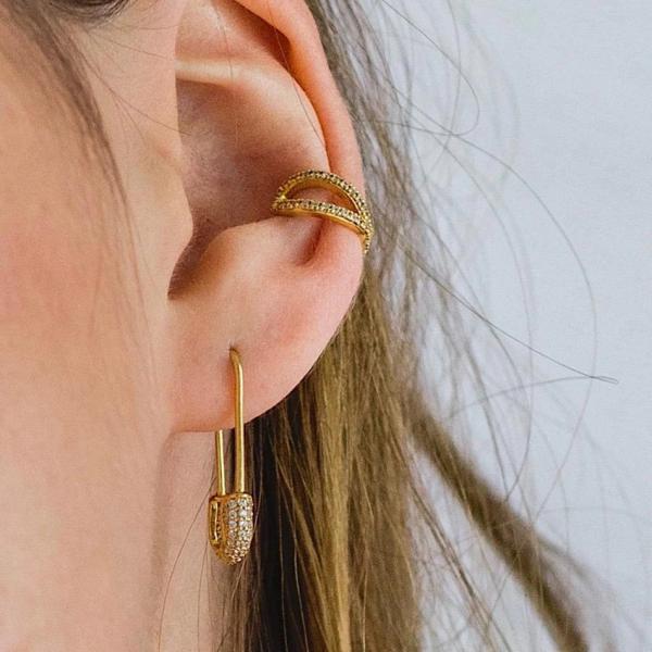 Women Hoop Earrings In 925 Silver With Clear CZ Diamond Brazilian Yellow Gold Jewelry