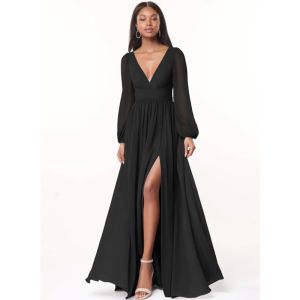 Charming OEM Chiffon Long Bridesmaid Dress A-Line V-Neck Long Sleeves Front