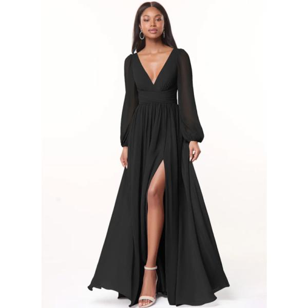 Charming OEM Chiffon Long Bridesmaid Dress A-Line V-Neck Long Sleeves Front
