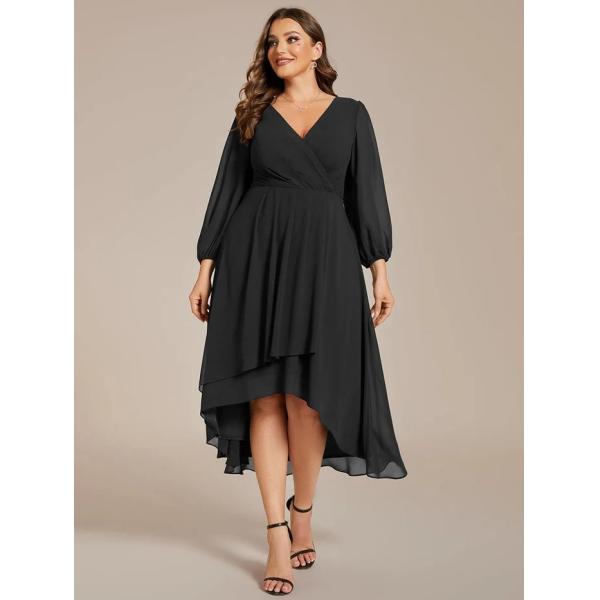 Elegant Empire Long Sleeve V-neck High Low A-line Ruffled Midi Black Chiffon Wedding Guest Cocktail Dress
