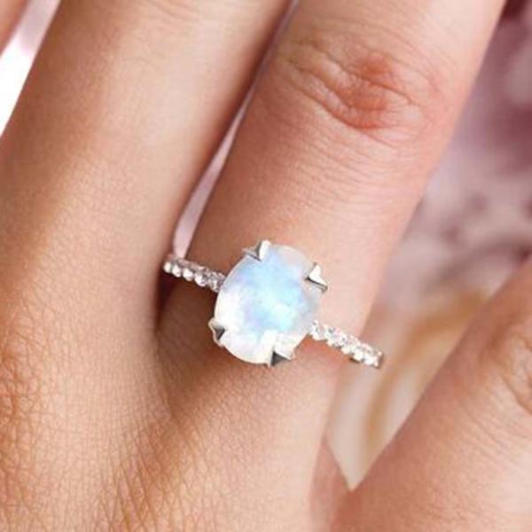 Elegant Plated Oval Cut Claw Setting Moonstone With CZ Rings Engagement Women Anniversary Ring