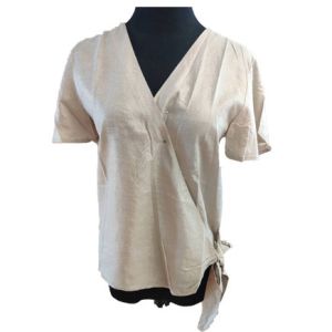 V Neck Tie Loose Short Sleeve Women Blouse Shirt