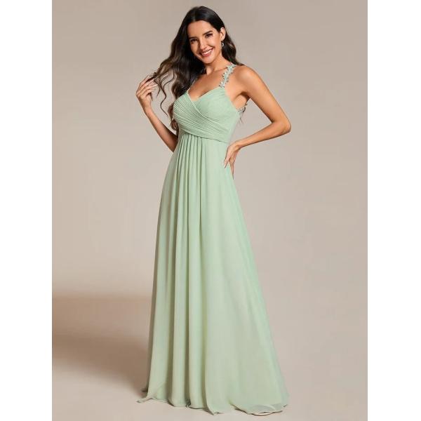 Empire A-line Backless Floral Halter Neck V-neck Pleated Cut-out Back Zipper Mint Green Chiffon Bridesmaid Dress