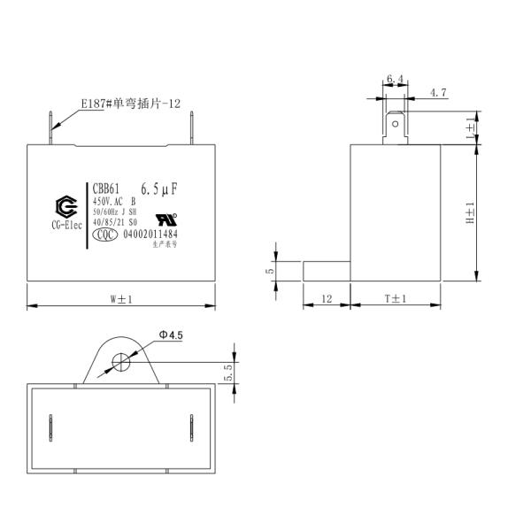 6.5mfd Air Conditioner Fan Capacitor CBB61 450V Two Quick-Connect Terminals RoHS Certificated