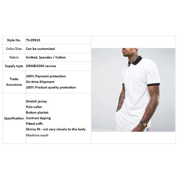 Buy clothing factory men white slim fit tennis polo shirt cotton with contrast rib and cuff at wholesale prices