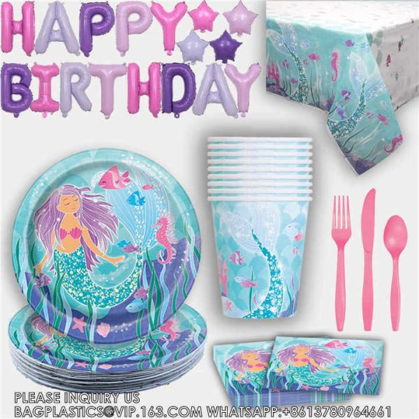 Party Supplies Set Mermaid Series Tableware Banner Mask Decoration Cake Topper Gift Bag Kids Paper Toy Birthday