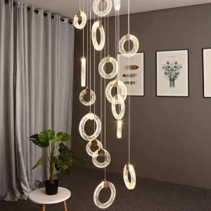 Modern Villa Apartment Living Room Crystal Long Staircase Pendant Lamp With