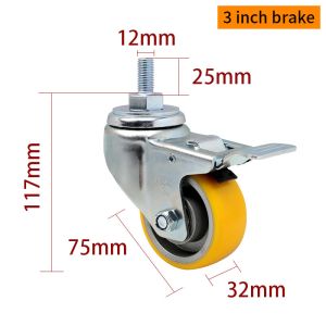 EDL Medium Duty 3inch 150kg Yellow TPU Threaded Caster by Swivel and Brake type